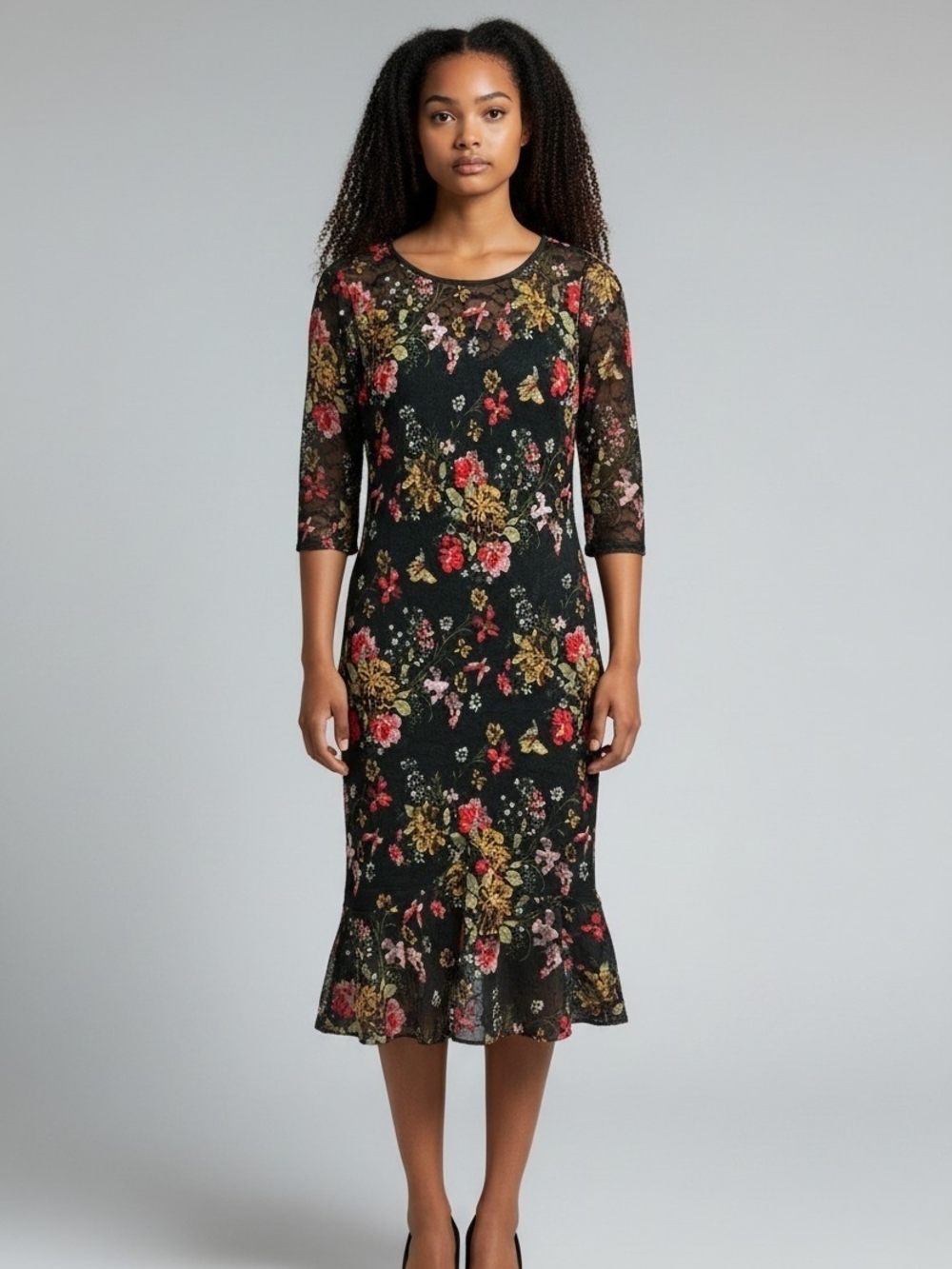 Floral Lace Green Midi Dress with Ruffle Hem Chic Fairycore